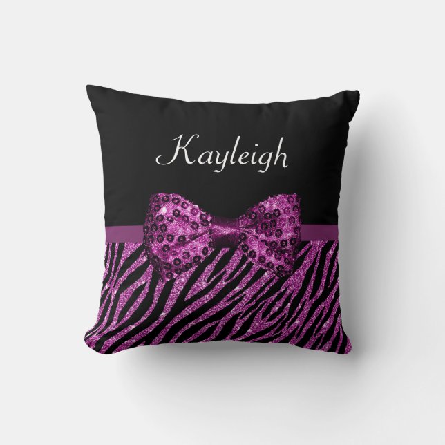 Coussin Chic Purple Zebra Print FAUX Glitz Bow avec nom (Recto)