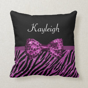 Coussin Chic Purple Zebra Print FAUX Glitz Bow avec nom