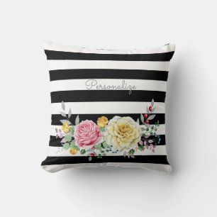 Coussin Chic Rose Floral tendance rayures noires et nom