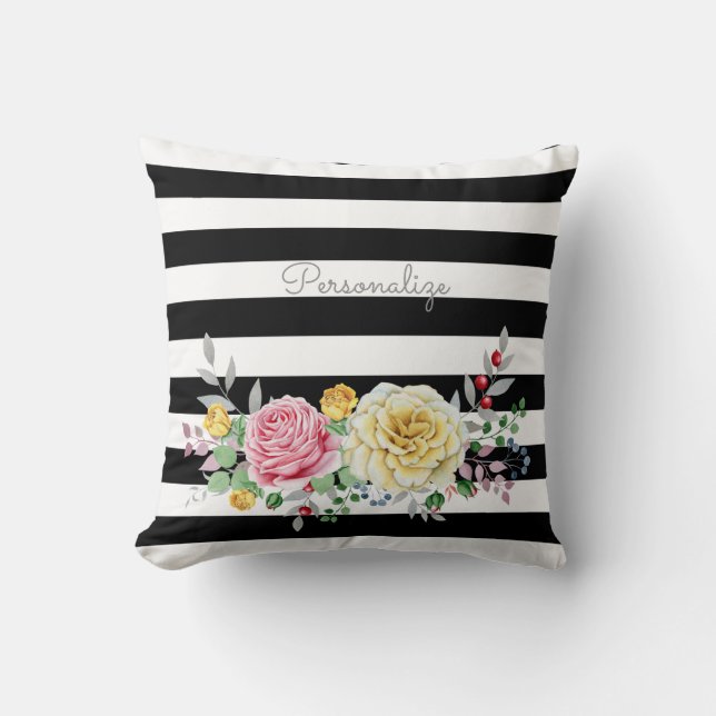 Coussin Chic Rose Floral tendance rayures noires et nom (Recto)