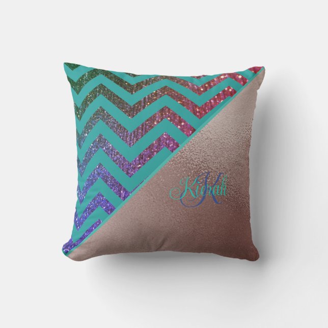 Coussin Chic Rose Gold Glittery Chevron Turquoise Green Na (Recto)