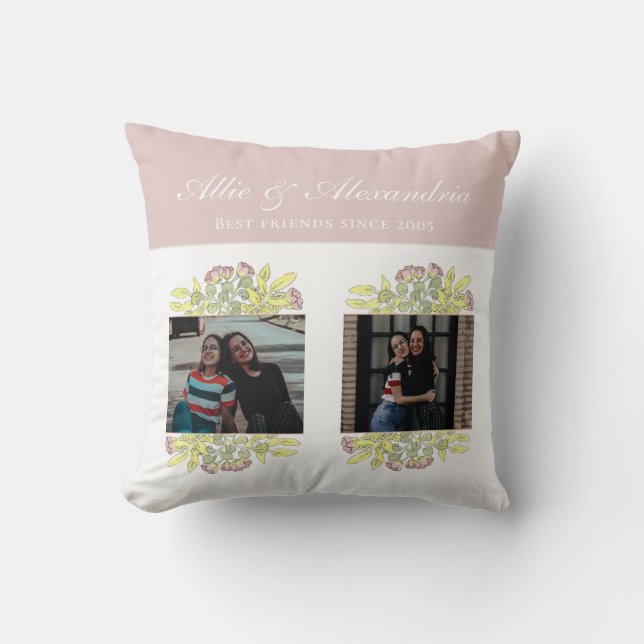Coussin Chic Rose Meilleurs Amis Floral BFF Photo Collage (Recto)