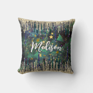 Coussin Chic vert turquoise or parties scintillant gouttes