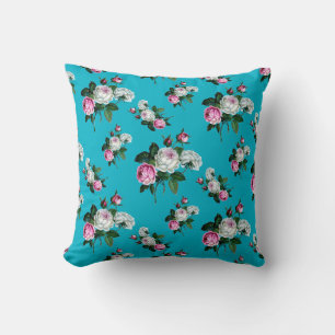 Coussin Chic vintage Floral, Roses Blanches Rose, Aqua