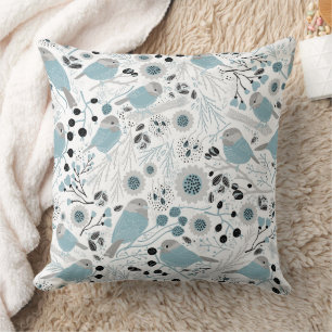 Coussin Chickadees doux et bleu, noir mignons, et gris