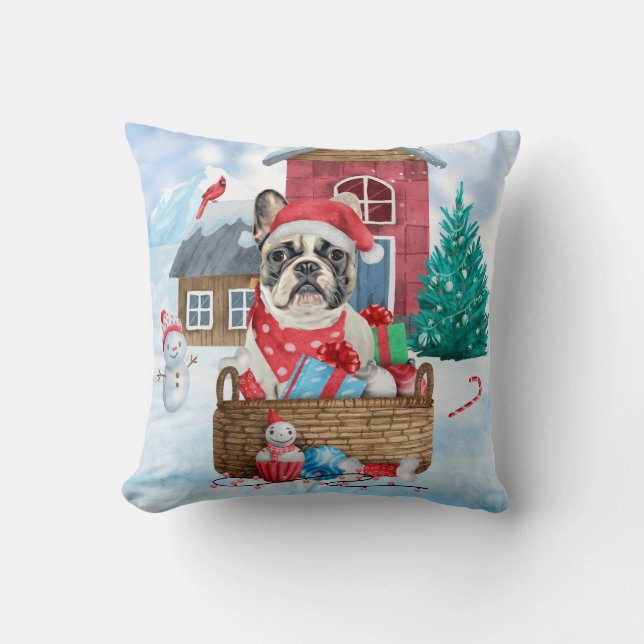 Coussin Chien à tête blanche dans la neige Maison de Chien (Recto)