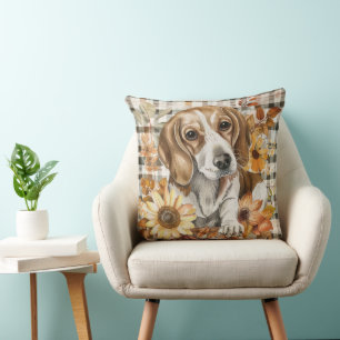 Coussin Chien Beagle Automne Aquarelle Fleurs