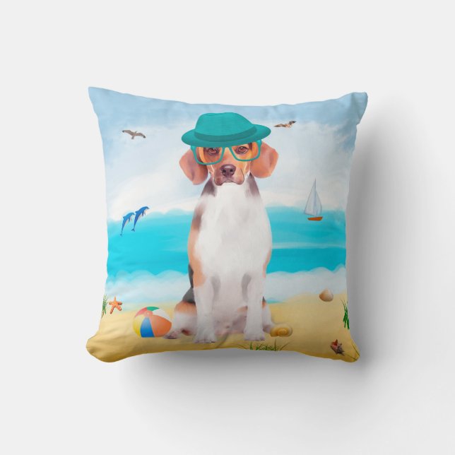 Coussin Chien beagle sur la plage (Recto)
