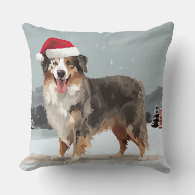 Coussin Chien berger australien en Noël de neige (Recto)