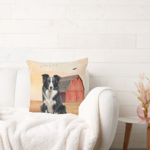 Coussin Chien Border Collie et Ranch à grange rouge