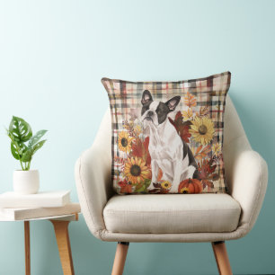 Coussin Chien Boston Terrier Automne Fleurs Aquarelle
