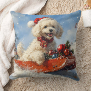 Coussin Chien Caniche en Luge Laissez Tomber la Neige Noël