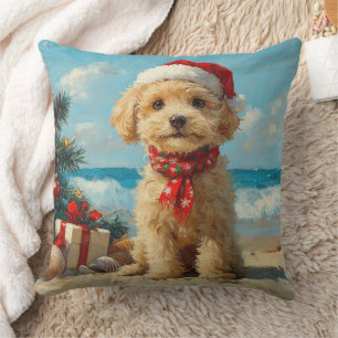 Coussin Chien Caniche Noël Plage Vintage