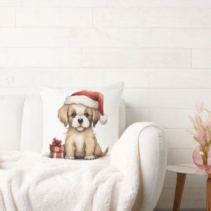 Coussin Chien chiot mignon portant un chapeau de Père Noël