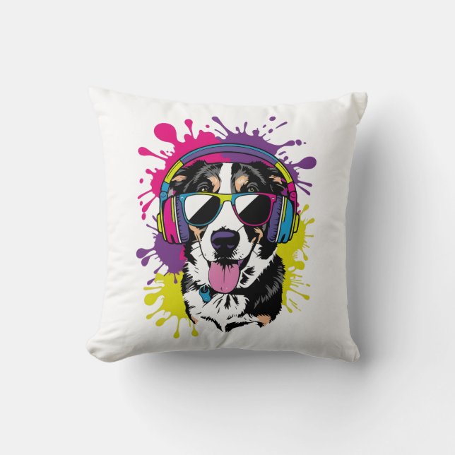 Coussin Chien cool avec casque Pop Art Design (Recto)