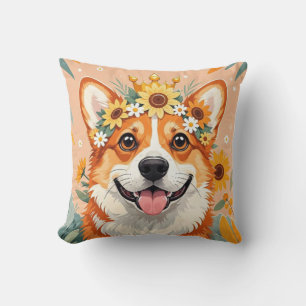 Coussin Chien corgi joyeux couronné de marguerites et de t