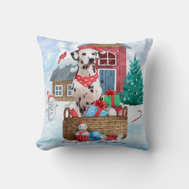 Coussin Chien dalmate dans la neige Maison de chien de Noë (Recto)