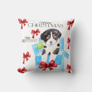 Coussin Chien dans une boîte bleue Noël