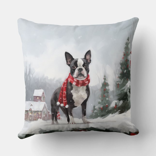 Coussin Chien de Boston Terrier pendant Noël de neige (Verso)