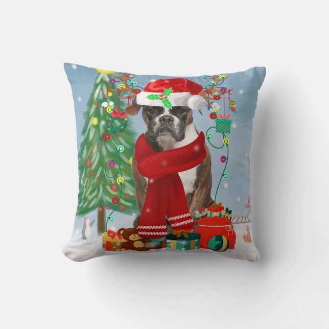 Coussin Chien de boxe en neige avec cadeaux de Noël (Recto)