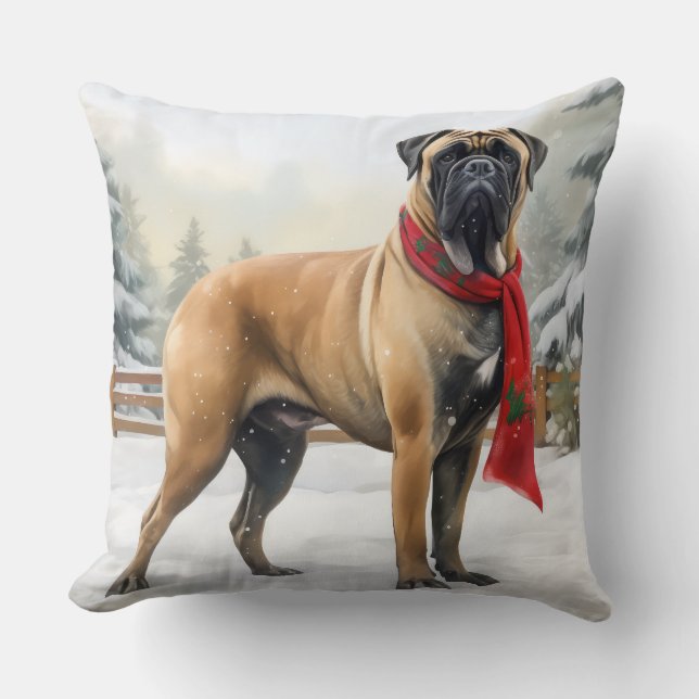 Coussin Chien de Bullmastiff à Noël de neige (Recto)