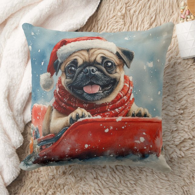 Coussin Chien de carlin dans la boue Laisser il neige Noël (Couverture)