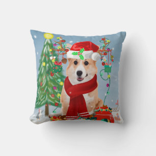 Coussin Chien de Corgi en neige avec cadeaux de Noël