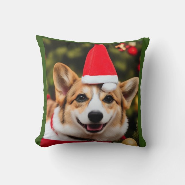 Coussin Chien de Corgi souriant Noël fun (Recto)