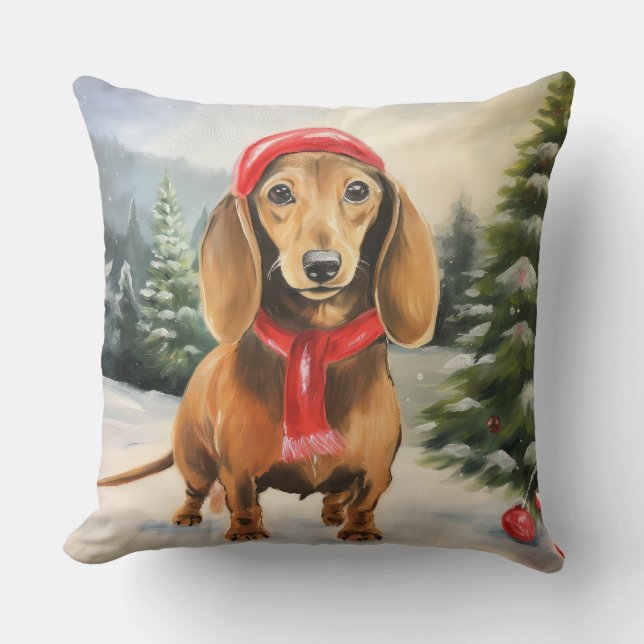 Coussin Chien de Dachshund à Noël de neige (Recto)