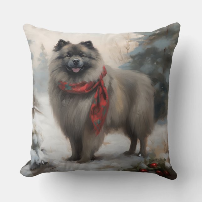 Coussin Chien de Keeshond à Noël de neige (Recto)
