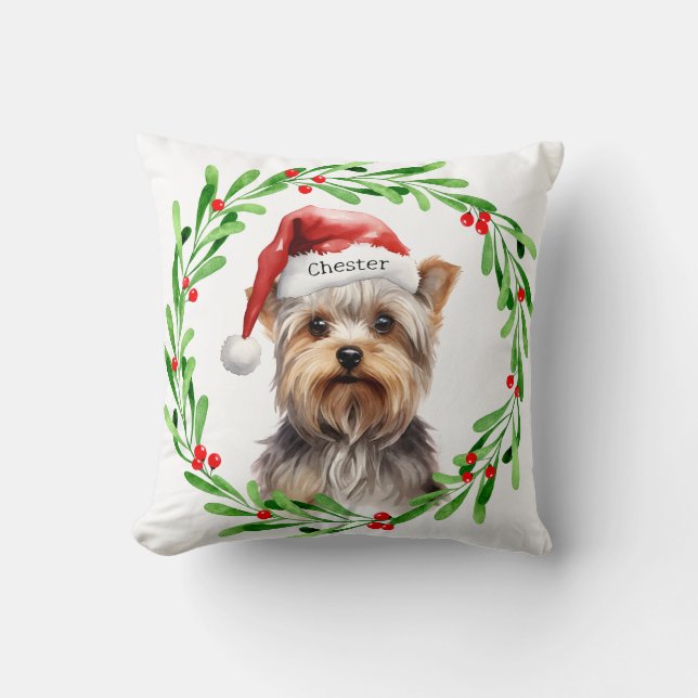 Coussin Chien de Noël Yorkie Yorkshire Terrier Fêtes (Recto)