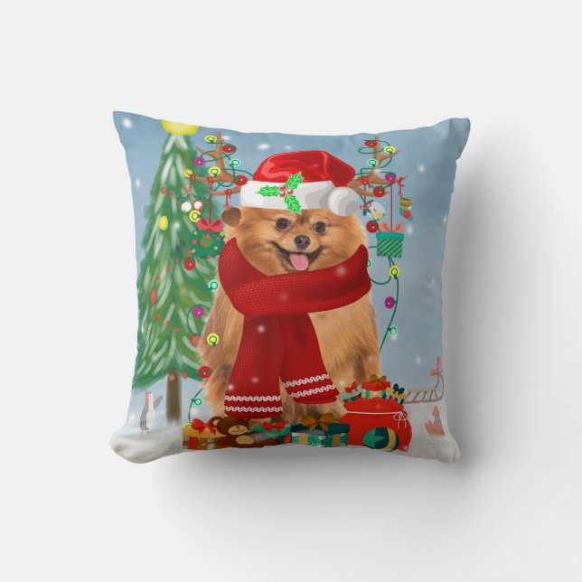 Coussin Chien de Poméranie avec cadeaux de Noël (Recto)