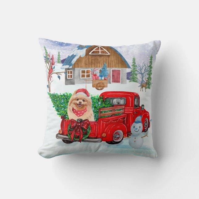 Coussin Chien de Poméranie en livraison de Noël Camion Nei (Recto)