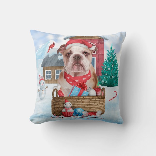 Coussin Chien de taureau anglais dans la neige Maison de C (Recto)