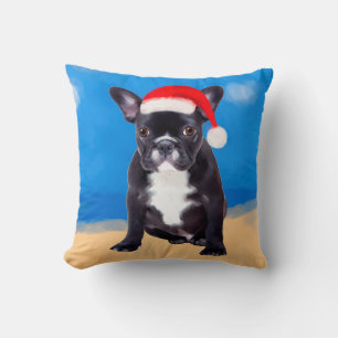Coussin Chien de taureau français avec Noël au chapeau de 
