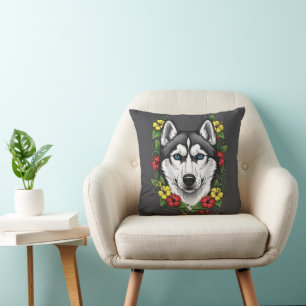 Coussin Chien du Connecticut et fleur de Mirablis colorée