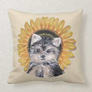 Coussin Chien et tournesol du Yorkshire cousue en beige