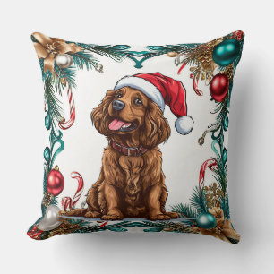 Coussin Chien heureux avec un chapeau de Père Noël célébra