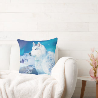 Coussin Chien Husky avec montagnes et aurores boréales