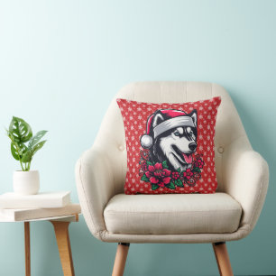 Coussin Chien Husky Festif Floral avec Chien de Noël Chien