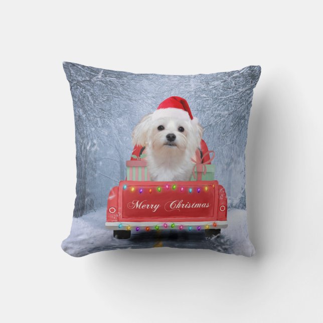 Coussin Chien maltais en neige assis sur un camion de Noël (Recto)