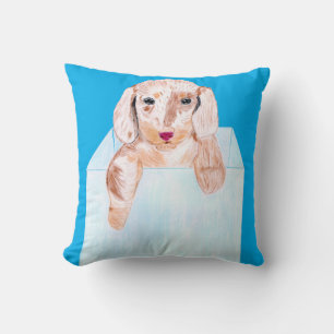 Coussin Chien mignon avec une boîte bleue