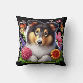 Coussin Chien-mouton Shetland avec fleurs et papillons