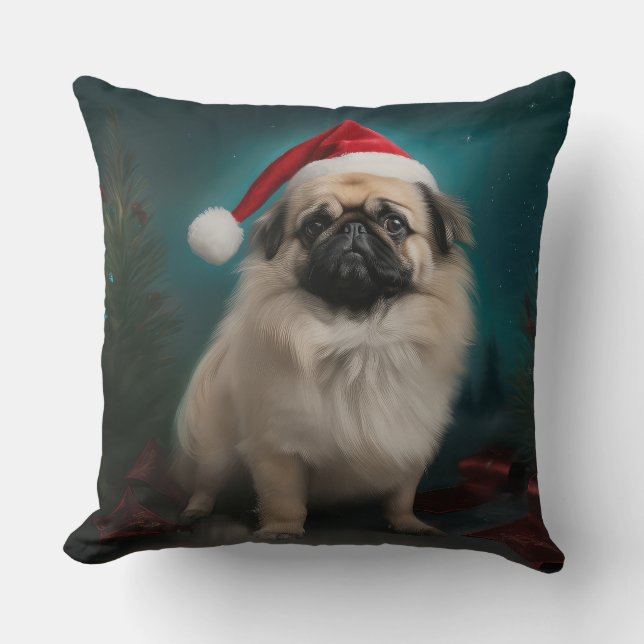 Coussin Chien pekingese pendant Noël de neige (Recto)