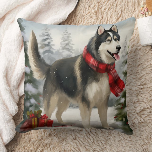 Coussin Chien sibérien Husky à Noël de neige (Couverture)
