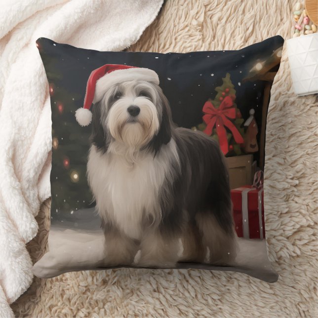 Coussin Chien tibétain de Terrier en Noël de neige (Couverture)