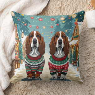 Coussin Chiens Basset Hound Noël Neige Fêtes