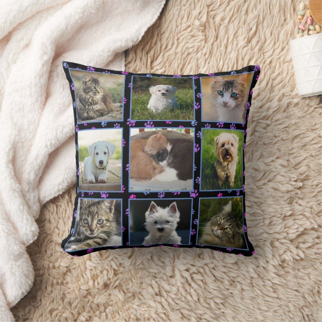 Coussin Chiens Chats Bleu violet rose Empreintes de pattes (Couverture)