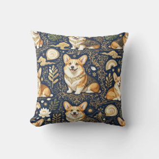 Coussin Chiens Corgi Élégants Motif Damassé Or Bleu Nuit 