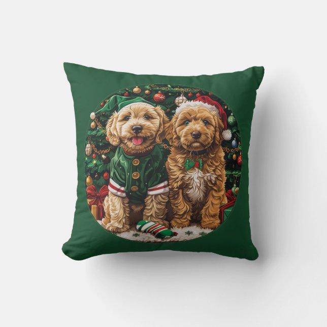 Coussin Chiens de chiot de Noël Goldendoodle (Recto)